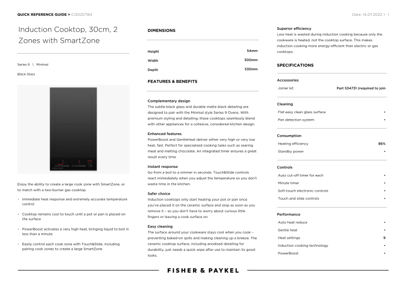 Fisher&Paykel Electromagnetic Cooktop, 30cm, Dual Heating Zones, SmartZone Bridge (Model CI302DTB4) Quick Reference Guide - Page 1
