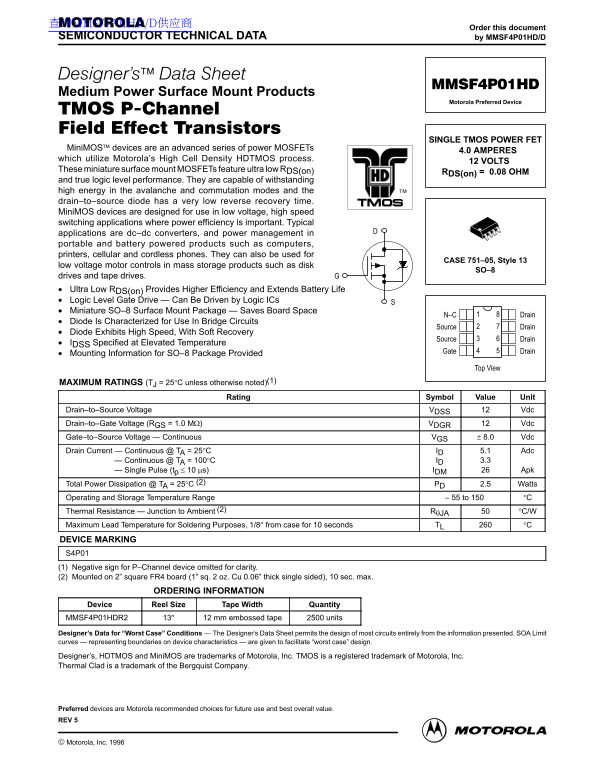 MOTOROLA MMSF4P01HD Data Sheet - Page 1