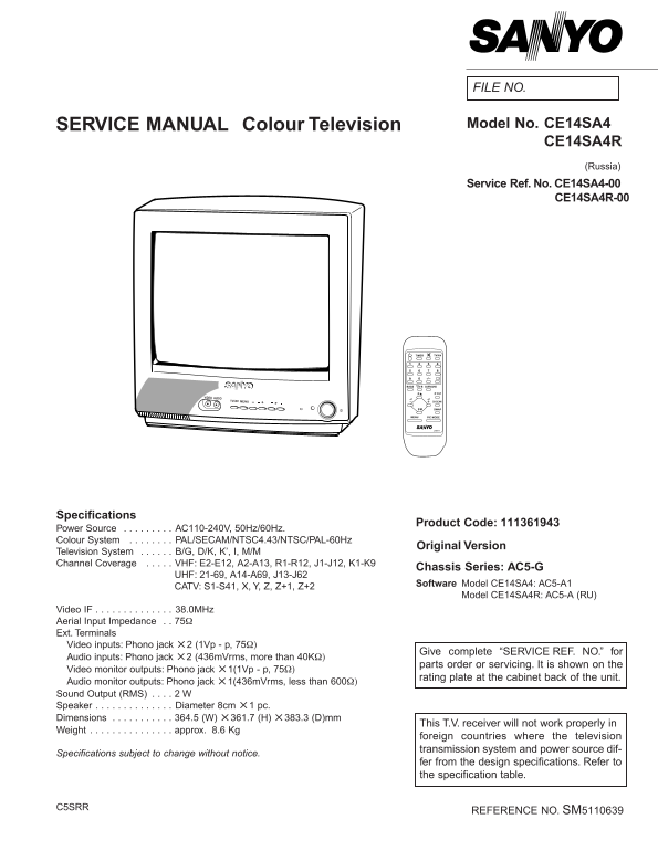 SANYO CE14SA4 CE14SA4R Service Manual - Page 1