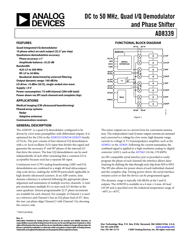 AD8339 Rev. 0 Data Sheet  - DC to 50 MHz, Quad IQ Demodulator and Phase Shifter - Page 1