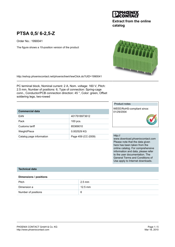 Phoenix Contact PTSA 0,5 6-2,5-Z Order No. 1990041 Data Manual - Product Overview - Page 1