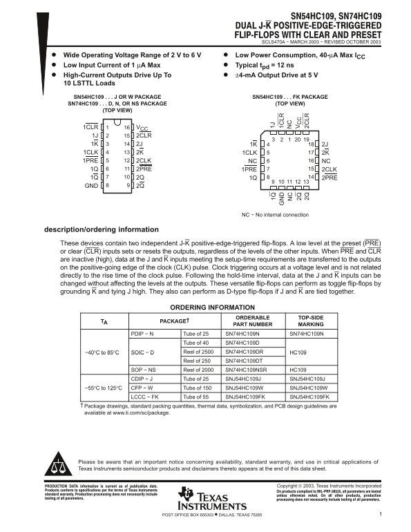Texas Instruments SN54HC109 SN74HC109 Data Sheet Manual - Page 1