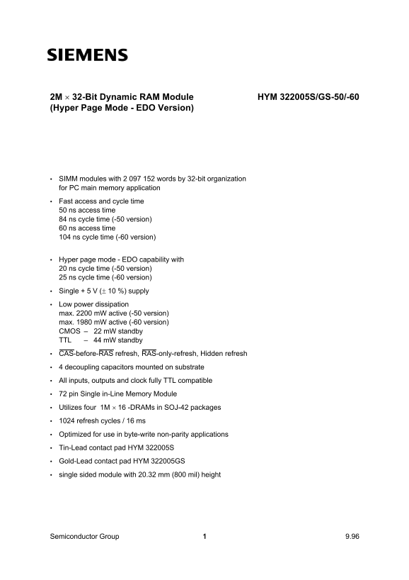 SIEMENS HYM 322005S GS-50 -60 Technical Specifications - Page 1