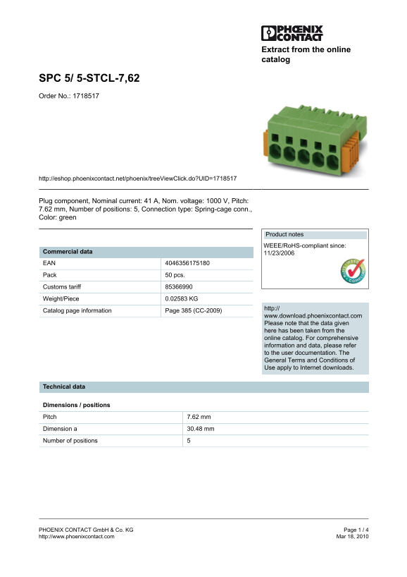 Phoenix Contact - SPC 5 5-STCL-7,62 Data Manual - Page 1