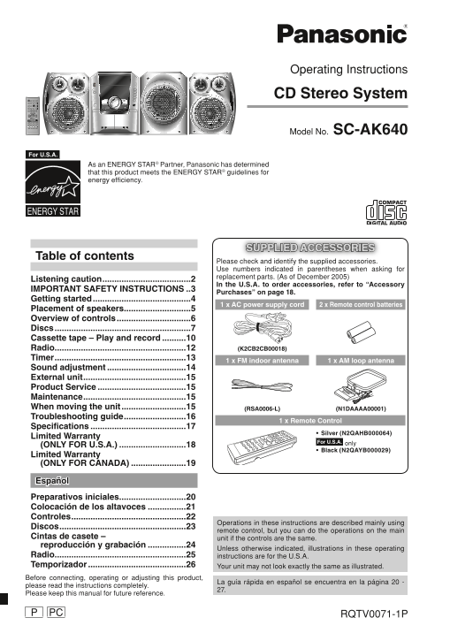 Panasonic SC-AK640 CD Stereo System Operation Guide - User Manual - Page 1