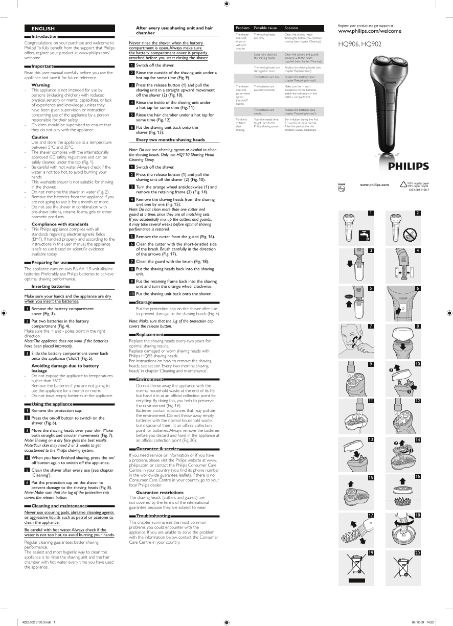 Philips Electric Shaver HQ906 15 Product Support & User Manual - Page 1