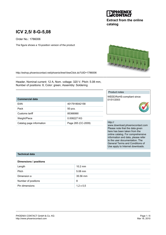 Phoenix Contact ICV 2,5 8-G-5,08 Data Manual - Order No. 1786006 - Page 1