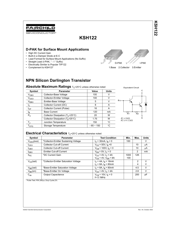 Fairchild KSH122 NPN Silicon Darlington Transistor User's Manual - Page 1