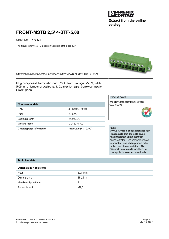 Phoenix Contact FRONT-MSTB 2,5 4-STF-5,08 Order No. 1777824 Data Handbook - Page 1