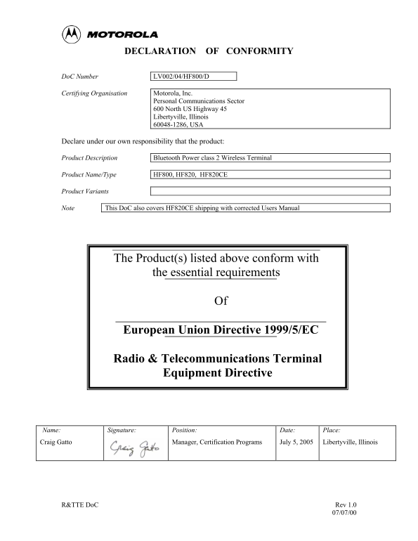 Motorola LV002 04 HF800 D Data Sheet - Page 1