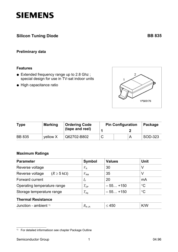 Siemens BB 835 Silicon Tuning Diode Data Sheet - Page 1
