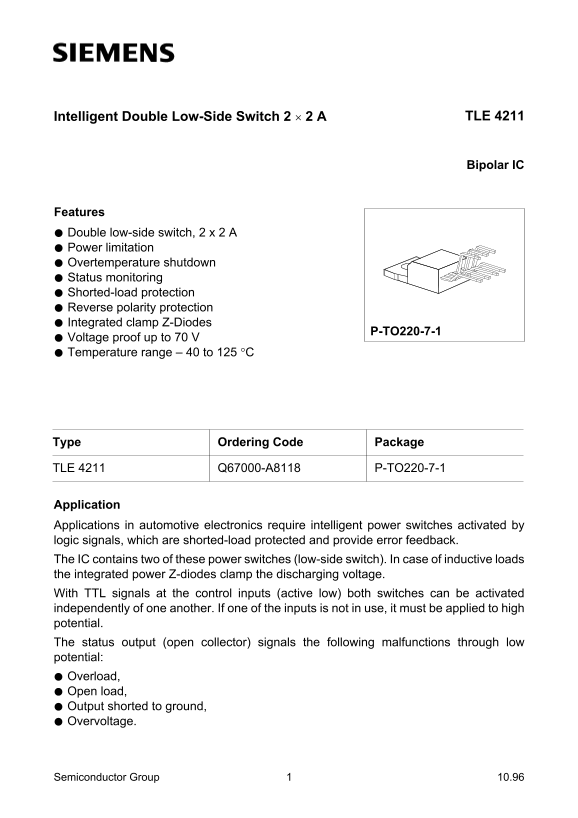 Siemens Intelligent Double Low-Side Switch 2 × 2 A Bipolar IC TLE 4211 Owner's Manual (1)(1) User Guide - Page 1