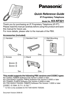 Panasonic KX-NT321 Quick Reference Guide - Page 1