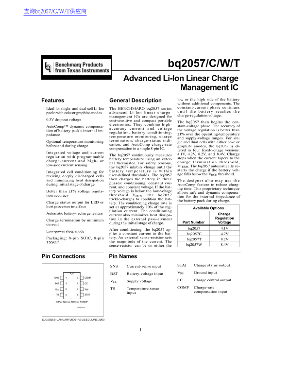 Texas Instruments bq2057 CW Temperature Data Handbook Manual - Page 1