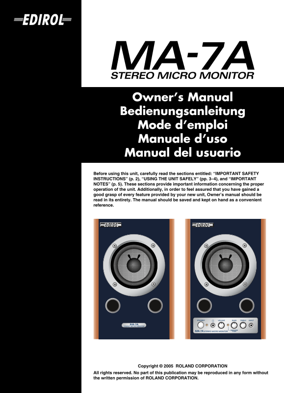 Roland Roland MA-7A Stereo Micro Monitors[5 Languages] MA-7A Owner's Manual - Page 1