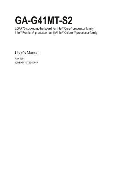 Gigabyte Motherboard GA-G41MT-S2 (rev.1.3) User Manual - English (version 1301) - Page 1