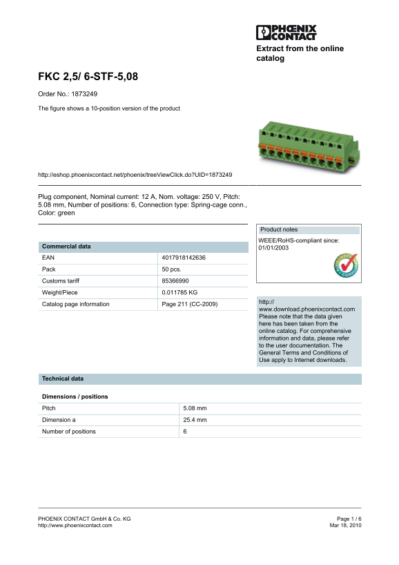 Phoenix Contact - FKC 2.5 6-STF-5.08 Data Sheet Manual - Page 1