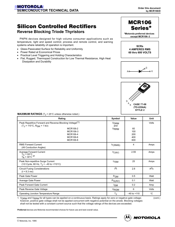 Motorola MCR106 Series Data Handbook / Manual - Page 1