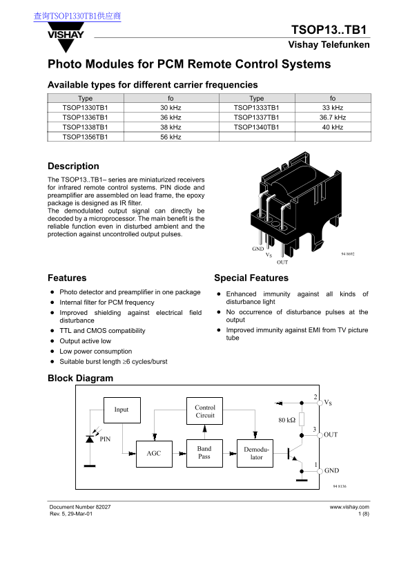 Vishay TSOP13..TB1 Data Sheet - Page 1