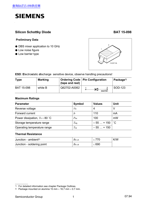 SIEMENS BAT 15-098 Product Data Sheet - Page 1