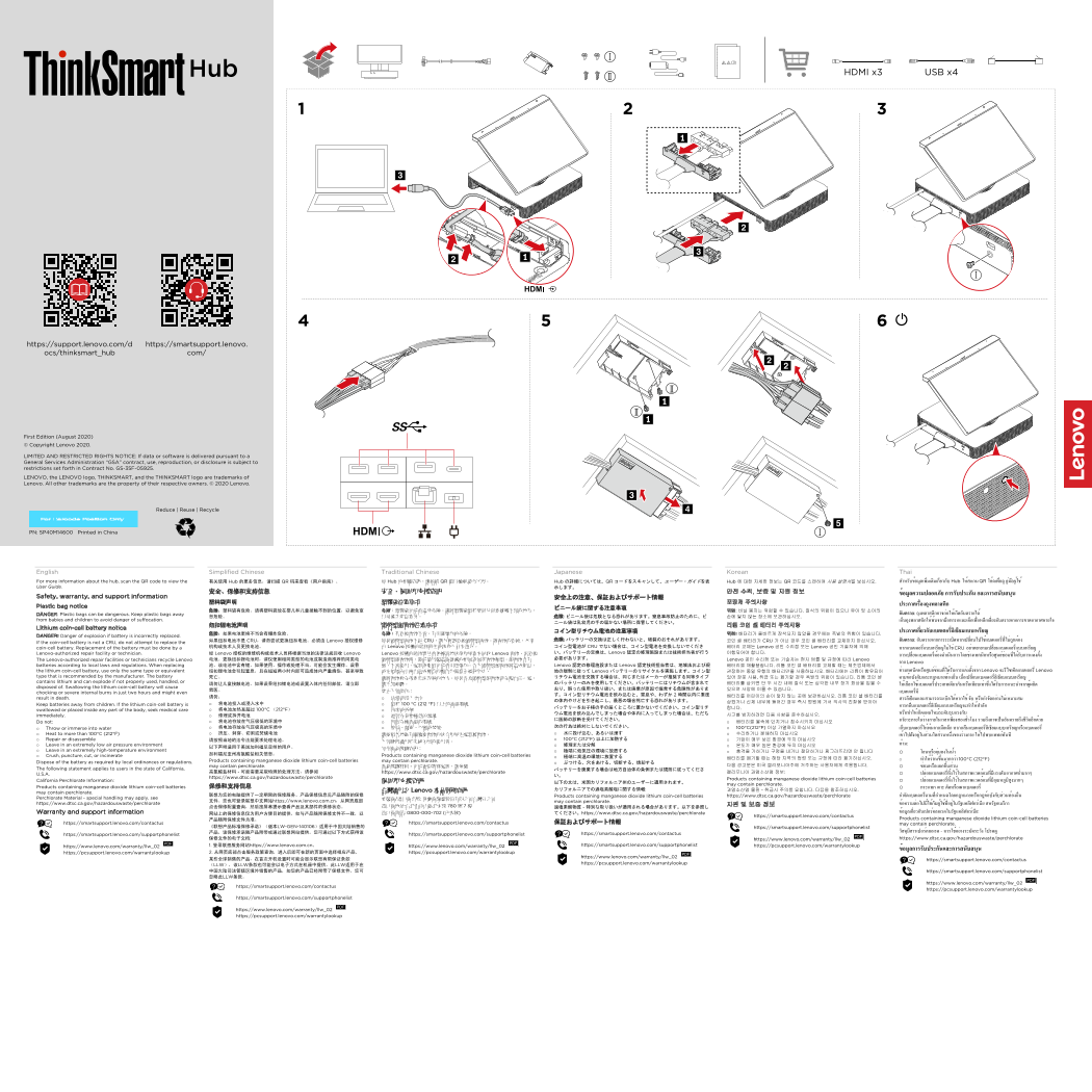 Lenovo ThinkSmart Hub Safety, Warranty & Support Information (Hub 60 MTR and ZOOM) - Page 1