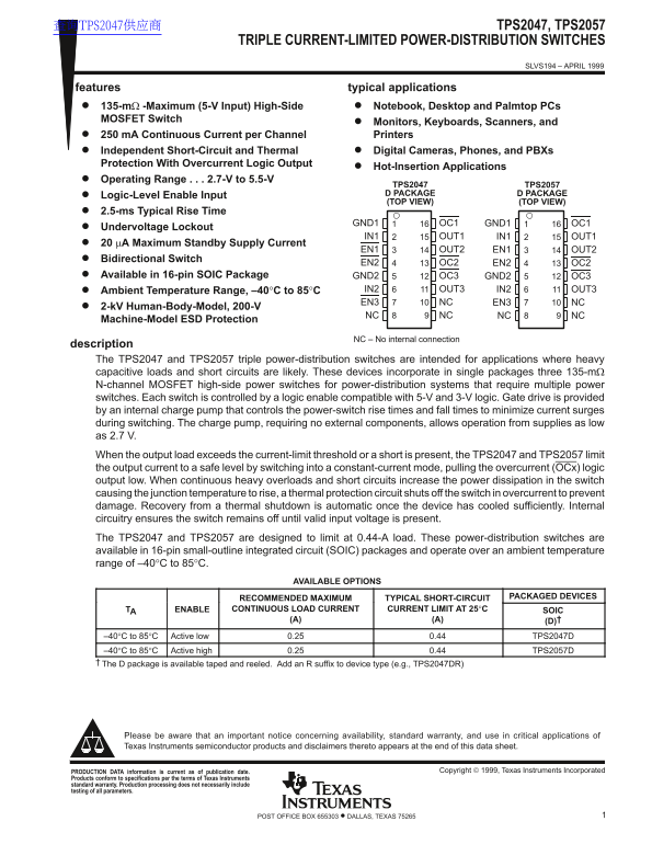 TEXAS INSTRUMENTS TPS2047, TPS2057 Triple Current-Limited Power-Distribution Switches Data Sheet Manual - Page 1