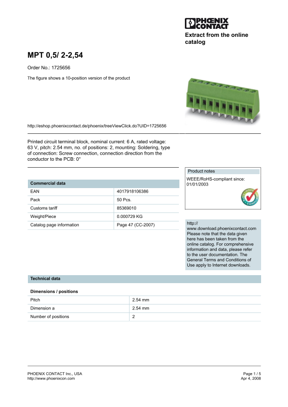 Phoenix Contact - MPT 0.5 2-2.54 Data Sheet / Manual - Page 1
