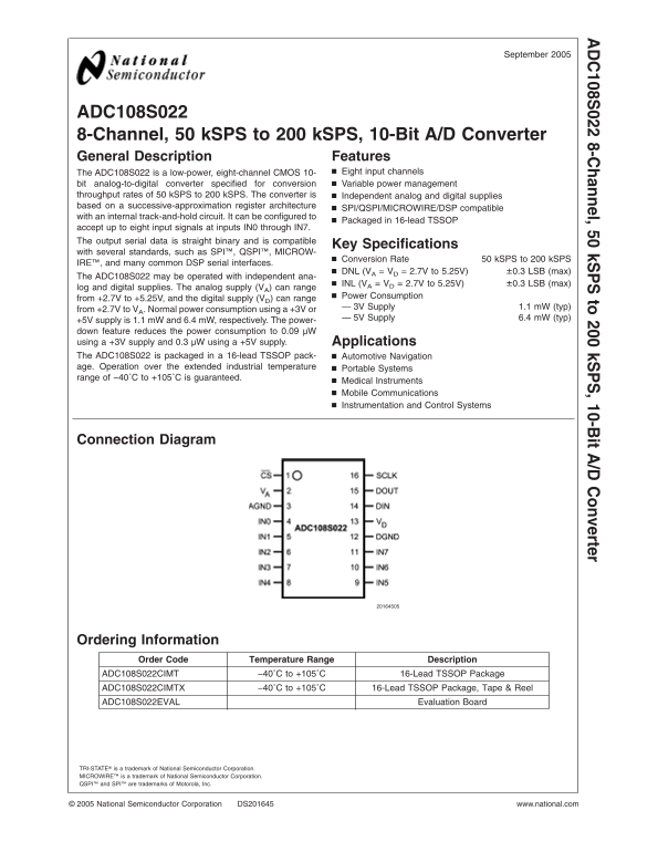 NATIONAL SEMICONDUCTOR - ADC108S022 8-Channel, 50 kSPS to 200 kSPS, 10-Bit A/D Converter Owner's Manual, User Guide - Page 1