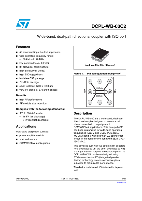 ST DCPL-WB-00C2 Wide-band, dual-path directional coupler with ISO port - Page 1