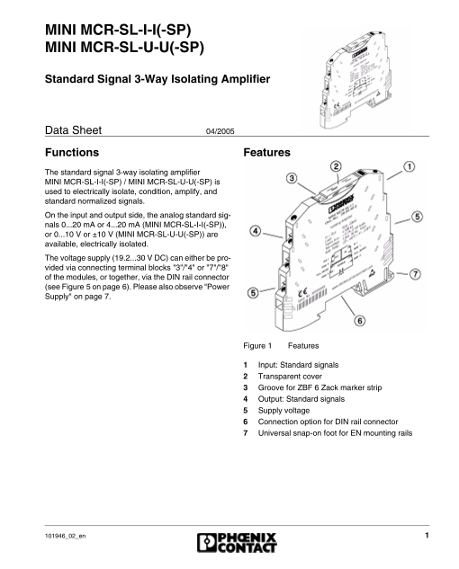Phoenix Contact Mini MCR-SL-I-I(-SP) Mini MCR-SL-U-U(-SP) Data Sheet Manual - Page 1