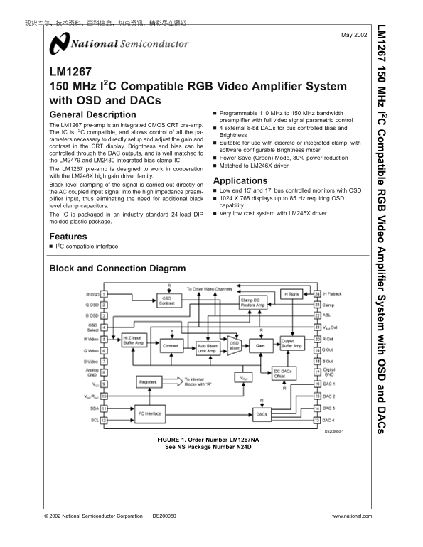 National Semiconductor LM1267 150 MHz I 2 C-Compatible RGB Video Amplifier System with OSD and DACs - Page 1