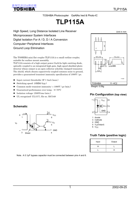 Toshiba Photocoupler GaAℓAs Ired & Photo-IC TLP115A Data Manual - Page 1