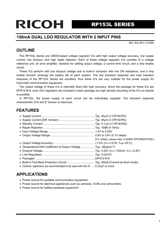 RICOH RP153L SERIES 150mA DUAL LDO REGULATOR DATASHEET, USER MANUAL - Page 1