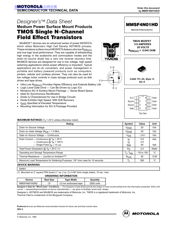 MOTOROLA MMSF4N01HD Data Sheet/Manual - Page 1