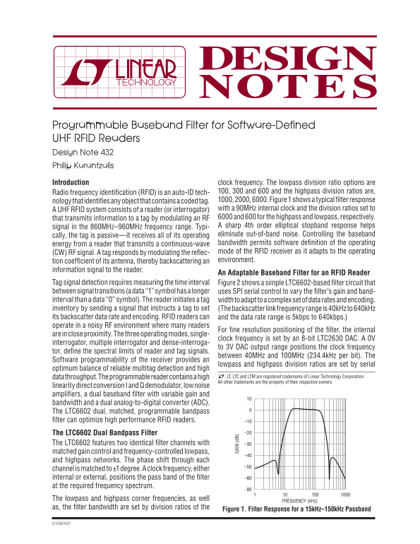 LINEAR Programmable Baseband Filter Design Note 432 - Philip Karantzalis Design Note - Page 1