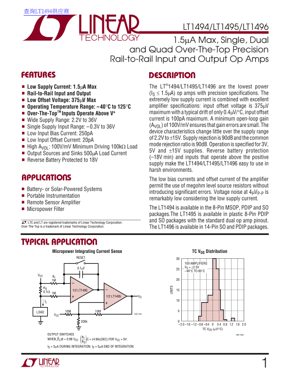 LINEAR LT1494 Data Sheet User Manual LT1495 LT1496 - Page 1
