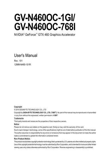 Gigabyte Graphics Card GV-N460OC-1GI User Manual English (Version 101) - Page 1