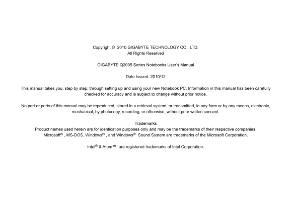 Gigabyte Notebook Computer Laptops Q2005Q2005 Manual (User Guide - English, Version 1.0)) - Page 1