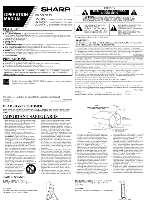 SHARP LC-13AV1U LC-15AV1U LC-20AV1U Operation Manual - Page 1