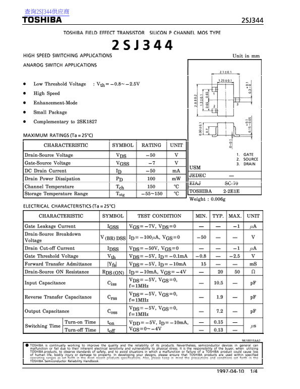 Toshiba TOSHIBA 2SJ344 Data Sheet - Page 1