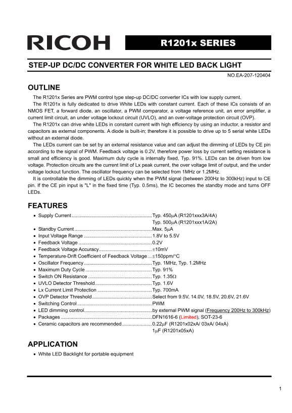 RICOH R1201x SERIES STEP-UP DC DC CONVERTER FOR WHITE LED BACK LIGHT Data Sheet - Page 1