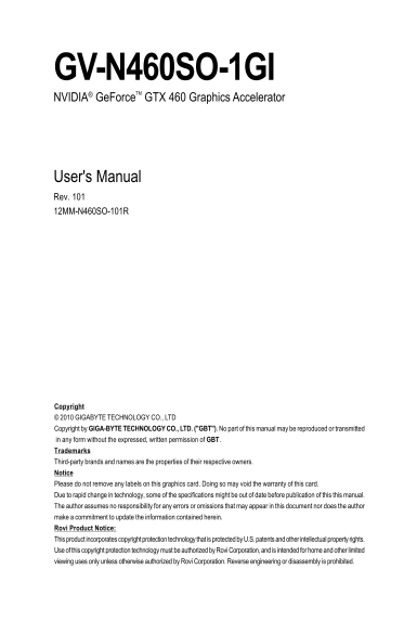 Gigabyte Graphics Card GV-N460SO-1GI User Guide (English Version 101) - Page 1