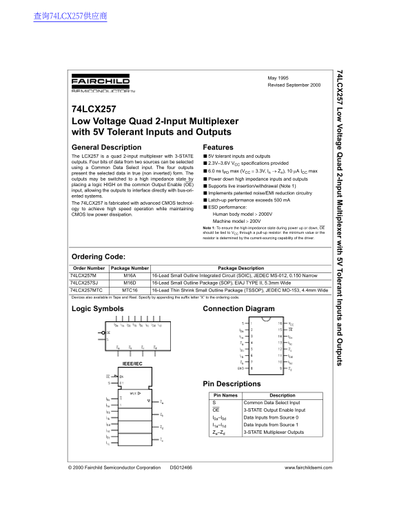 Fairchild 74LCX257 Low Voltage Quad 2-Input Multiplexer Data Sheet - Page 1