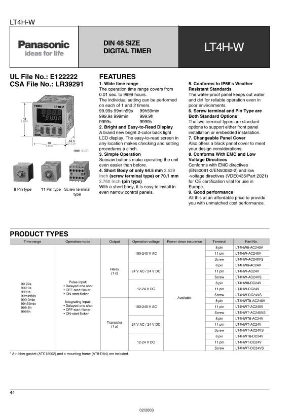 PANASONIC LT4H-W User's Manual - Page 1