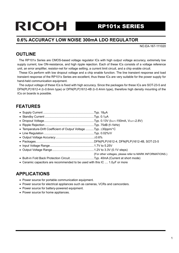 RICOH RP101x SERIES Low Noise 300mA LDO REGULATOR datasheet specifications manual user guide - Page 1