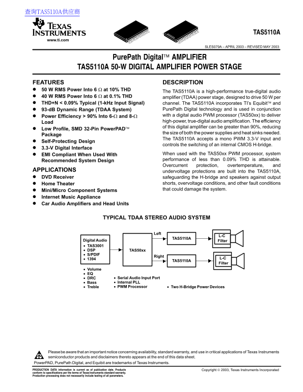 Texas Instruments TAS5110A Data Sheet/Manual - Page 1