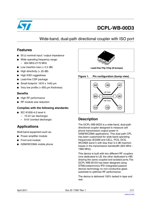 ST DCPL-WB-00D3 Wide-band, Dual-Path Directional Coupler with ISO Port User Manual and Data Sheet - Page 1