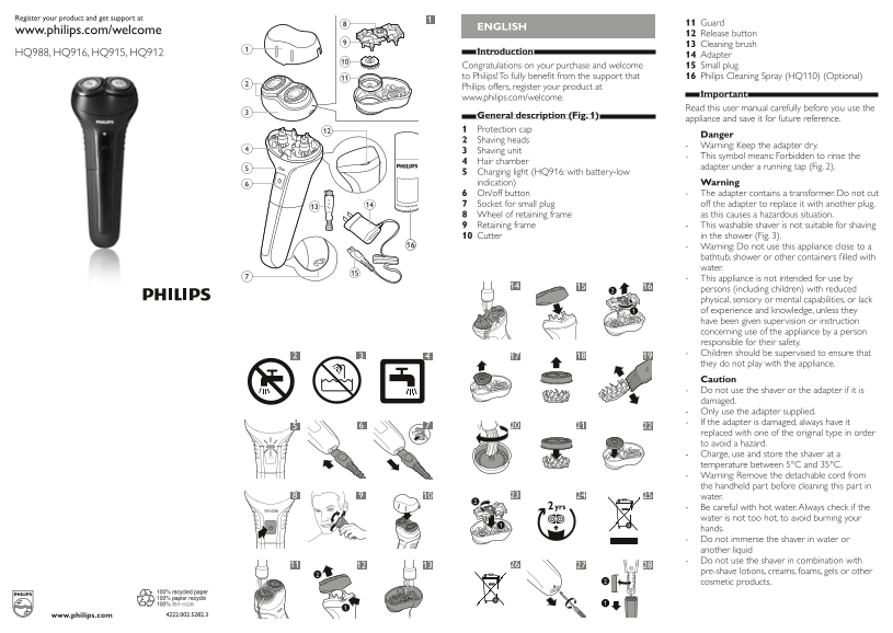 Philips HQ912 Electric Shaver Support & User Guide - Page 1