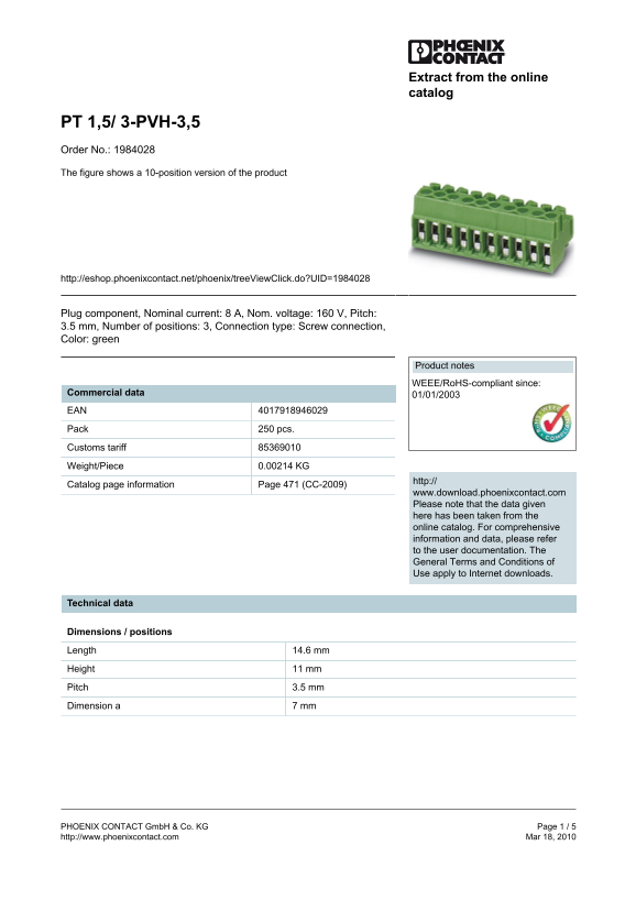 Phoenix Contact - PT 1.5 3 - PVH-3.5 Data Handbook - Page 1