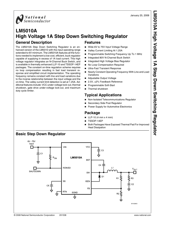 National Semiconductor LM5010A High Voltage 1A Step Down Switching Regulator Data Sheet User Manual - Page 1